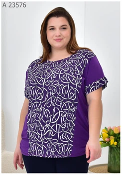 Жіноча блуза літня великого розміру UF-Fashion МА-23576 58-60 фіолетовий з білим