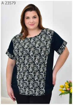 Жіноча блуза літня великого розміру UF-Fashion МА-23579 54-56 чорний з синім