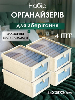 Набор тканевых боксов для хранения одежды и вещей Органайзеры 4 шт с прозрачной крышкой 44х25х20 см Бежевый (90096)