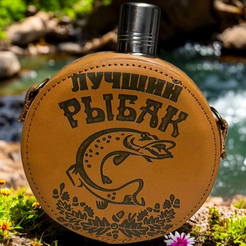 Фляга Лучший рыбак в кожаном чехле 10 Oz / 284 ml из нержавеющей стали