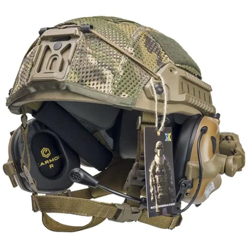 Комплект: тактичний шолом Sestan-Busch Helmet BK-ACH-HC, навушники Earmor М32, посилені кріплення типу «чебурашка», кавер, колір койот М
