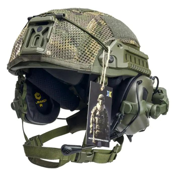 Комплект тактический шлем Sestan-Busch Helmet BK-ACH-HC, наушники Earmor М32, усиленные крепления типа "чебурашка" Олива, кавер. L