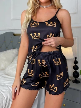 Пижамный набор женский рисунок короны I'mPrincess майка с шортиками в наборе черный XL