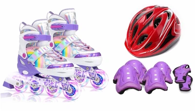 Роликовые коньки раздвижные Inline Skates PU свет размер 27-30 стелька 17-20 см с шлемом и защитой Violet (37567887)