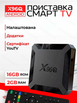 Смарт тв приставка X96Q 2/16 + Настройка + Cертификат YouTV + Установка приложений для просмотра ТВ, Каталоги с фильмами и сериалами, YouTube без рекламы, Просмотр торрентов онлайн, Плееры