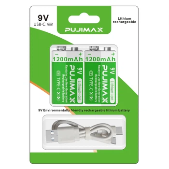 Аккумуляторы Pujimax Крона 6F22 с USB TYPE-C 9V Li-Ion, 1200mAh (Блистер 2 шт + кабель) (16214-2)