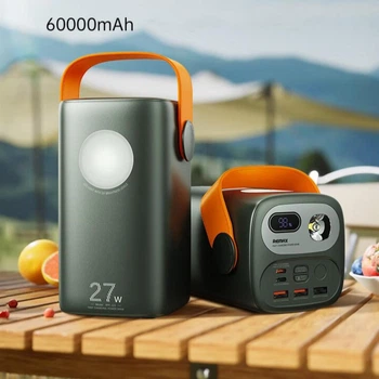 Павербанк Remax 60000 mAh 27W Павербанк Remax RPP-123 Gutitan с быстрой зарядкой PD/QC, Портативный внешний аккумулятор, универсальные порты 3USB/2Type-C, LED-дисплей, фонарь Серый