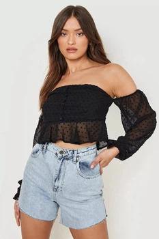 Кроп-топ с длинными рукавами в горошок Boohoo Черный (10382 S/42)