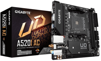 Мат.плата AM4 (A520) Gigabyte A520I AC, A520, 2xDDR4, Int.Video(CPU), 4xSATA3, 1xM.2, 1xPCI-E 16x 3.0, ALC887, RTL8118AS, WiFi ac, Bluetooth 4.2, 6xUSB3.2/6xUSB2.0, 2xHDMI/DP, Mini-ITX