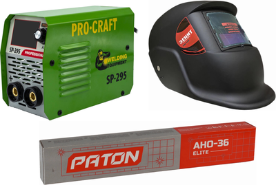 Набор Сварочный инверторный аппарат ProCraft SP-295 (002952Procraft) + Сварочная маска Зенит WH - 100 с фильтром автоматического затемнения (4820235111168) + Электроды Патон Elite АНО-36 2 мм 1 кг (2011201001)