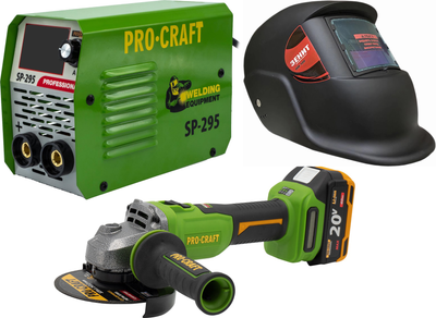 Набор Сварочный инверторный аппарат ProCraft SP-295 (002952Procraft) + Аккумуляторная болгарка ProCraft PWA220 УШМ (1 акб 4 Ач) (ProCraft032201) + Сварочная маска Зенит WH - 100 с фильтром автоматического затемнения (4820235111168)