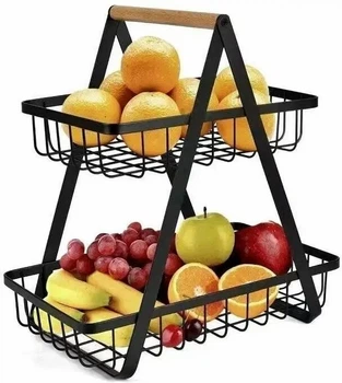 Фруктовница двухъярусная металлическая для кухни 320х300х180 мм с деревянной ручкой для упорядоченного хранения овощей и фруктов в стиле лофт для эффектной демонстрации продуктов на столе