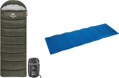 Набор Спальник с капюшоном Naturehike U150 NH20MSD07, 11 °C Левый Зеленый (6927595764398-L) + Коврик складной IXPE Naturehike NH19QD008 алюминиевая пленка 18 мм Голубой (6927595738108)