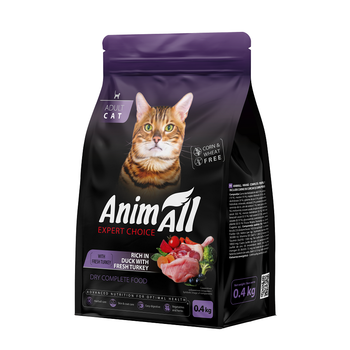 Полнорационный сухой корм AnimAll для взрослых кошек со свежей индейкой и уткой, 400 г
