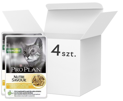 Opakowanie mokrej karmy dla kotów Purina Pro Plan Sterilised z kurczakiem 4 szt x 85 g (7613287670908)