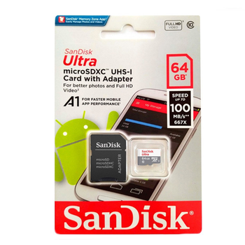 Карта памяти SanDisk 64GB microSDXC 10 UHS-I Ultra флешка для телефона, планшета, камеры + адаптер переходник