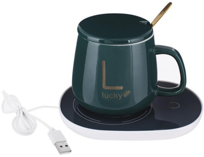Кружка Lucky 400мл с подогревом от USB с крышкой / Чашка на подставке с ложкой