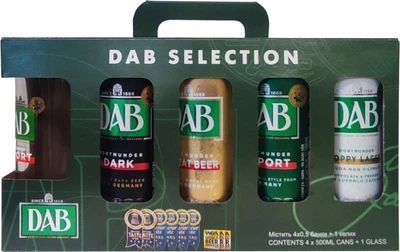 Подарочный набор пива DAB 0.5 л х 4 шт. в ассортименте + бокал (4001982209227)