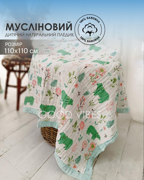 Плед детский муслиновый белый 6 слоев с принтом зверьки и голубым кантом 110 х110 см (HPM00022)