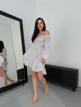 Легкое платье мини на завязках в цветок молочного цвета 32538 One Size