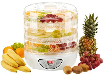 Сушарка для овочів та фруктів м'яса риби електрична ECG SO 570 потужність 240 Вт 5 лотків 30,4 см дисплей таймер 3D функція рівномірного сушіння біла