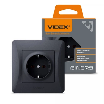 Розетка одинарная с заземлением черный графит VIDEX BINERA
