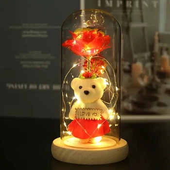 Нічник Кришталева акумуляторна троянда в колбі з ведмедиком і серцем I love you червона А-7 нічне освітлення, дитяче освітлення, лампа нічна, нічний світильник