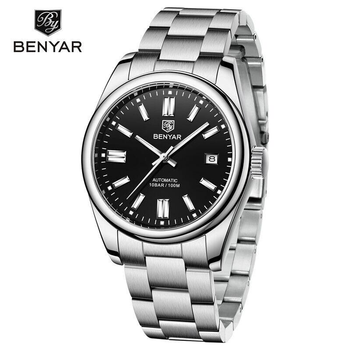Мужские механические наручные часы Benyar Black автоматические водонепроницаемые 10 BAR с календарём