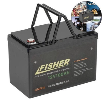 Тяговый аккумулятор Fisher FT12100. 12V. 100A/h. LiFepo4. Аккумулятор для лодочного электромотора.