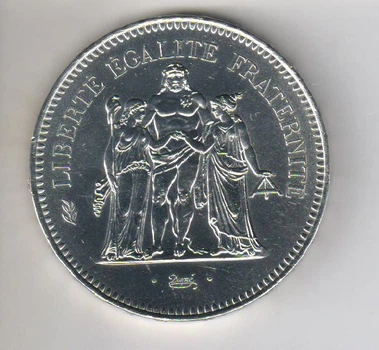 Монета Франция 50 франков 1976 «Геркулес» Серебро VF (KM#941.1)