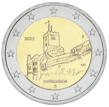 Монета Германия 2 евро 2022 Биметалл UNC F Федеральная земля Тюрингия. Замок Вартбург