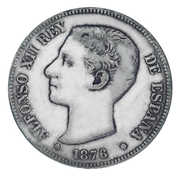 Монета Іспанія 5 песет 1876 Срібло F-VF Король Альфонсо XII (1875 - 1885) (Ag 900, 25 грам)