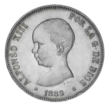 Монета Іспанія 5 песет 1889 Срібло F-VF Король Альфонсо XIII (1886 - 1931) (Ag 900, 25 грам)