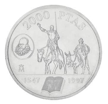 Монета Испания 2000 песет 1997 Серебро UNC Мигель Сервантес - Дон Кихот (Ag 925, 18 грамм)
