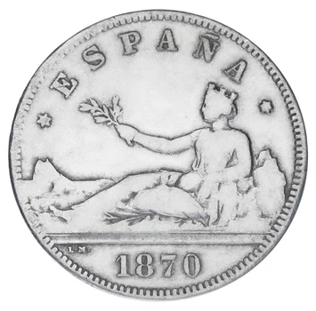 Монета Испания 2 песеты 1870 Серебро F-VF Временное правительство (1869 - 1874) (Ag 835, 10 грамм)
