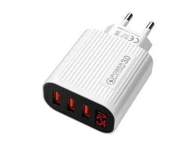 Зарядное устройство 220В QC3.0 USBx3 LCD адаптер 3А огнестойкий пластик