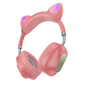 Беспроводные наушники Hoco ESD13 Skill Cat накладные с ушками и LED подсветкой pink