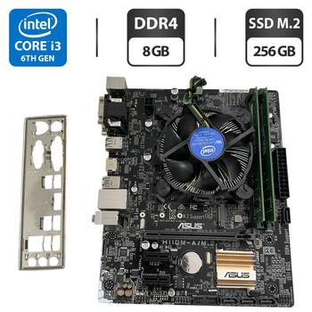 Комплект: материнская плата Asus H110M-A/M.2 / Intel Core i3-6100 (2 (4) ядра по 3.7 GHz) / 8 GB DDR4 / 256 GB SSD M.2 / Intel HD Graphics 530 / Socket LGA1151 / Кулер BOX б/у