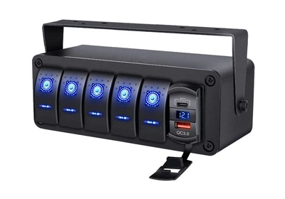 Панель (блок) переключателей 5 кнопок, с подсветкой кнопок + наклейки, 2USB PD + QC3.0