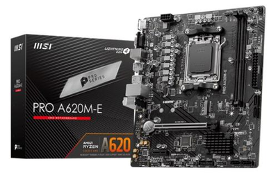 Материнська плата AM5 MSI PRO A620M-E, A620, 2xDDR5, Int.Video (CPU), 4xSATA3, 1xM.2, 1xPCI-E 4.0 x16, 1xPCI-E 3.0 x1, ALC897, RTL8111H, 6xUSB3.2/6xUSB2.0, VGA/HDMI, MicroATX
