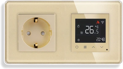 Стеклянный WiFi регулятор теплого пола с розеткой 1DAL Золото (G157D-TR.WF-ST.WT)