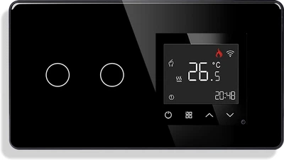 Стеклянный WiFi регулятор теплого пола с сенсорным выключателем 1DAL Черный, 2 сенсора (G157D-SW2G-TR.WF.BL)