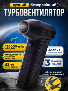 Повітродувка турбовентилятор для чищення техніки від пилу JoyPro Super Power Turbo Fan потужний портативний міні турбо вентилятор 3000 mAh ручний для авто електроніки клавіатур пк ноутбуків 3 режими охолодження та продування повітря (Чорний)