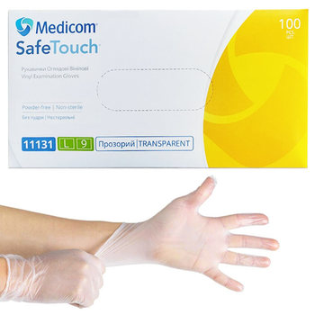 Рукавички вінілові Medicom, щільність 4.3 г. - Прозорі (100 шт) L (8-9)