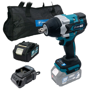 Акумуляторний безщітковий ударний гайковерт PROFI-TEC 20V DTW800BL , 700Нм, 1/2" (1 х PT2040EP (4.0Аг), зарядний пристрій BC20V, СУМКА + 4 головки: 13 / 17 / 19 / 21 мм (007015)