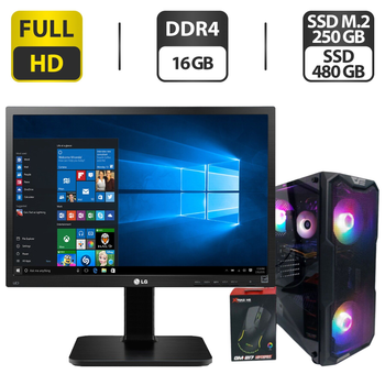 Комплект ПК: DarkFlash Aquarius Mesh Black Tower / Intel Core i5-7400 (4 ядра по 3.0 - 3.5 GHz) / 16 GB DDR4 / 250 GB SSD + 480 GB SSD / nVidia P106-100, 6 GB GDDR5, 192-bit / 300W + Монитор LG 24MB37PM-B / 24" (1920x1080) IPS + Мышка, кабели подключе б/у
