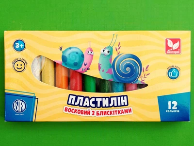 Пластилін восковий з блискітками. 12 кольорів, круглий (303107001-UA). Школярик