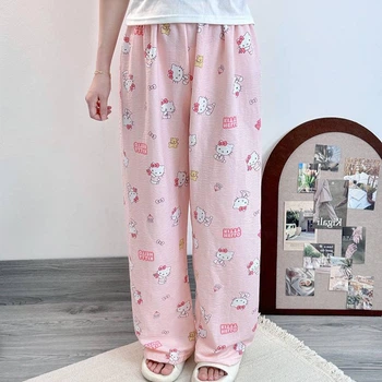 Пижаные штаны с принтом Hello Kitty, светло-розовые, тонкие, летние, one size (10501)