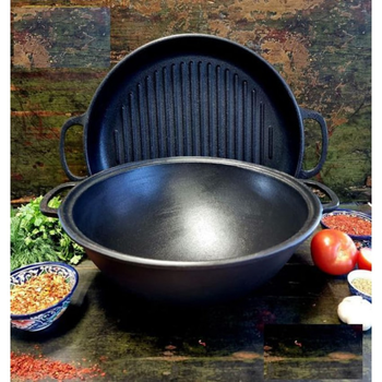 Казан чавунний 8л 34 см узбецький WOK з кришкою-сковорідкою гриль Maysternya Т405СРGr