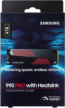 SSD накопитель Samsung 990 Pro 4TB with Heatsink (MZ-V9P4T0CW), M.2 PCIe 4.0 x4 V-NAND, (up to 7450/6900 MB/s), 176 слойная 3D NAND, 2400 TBW, c радиатором! Совместим с Playstation 5